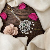 Vriksham Antique Royal Radiance AD Stone Maang Tikka-Green-Pearl-G19491